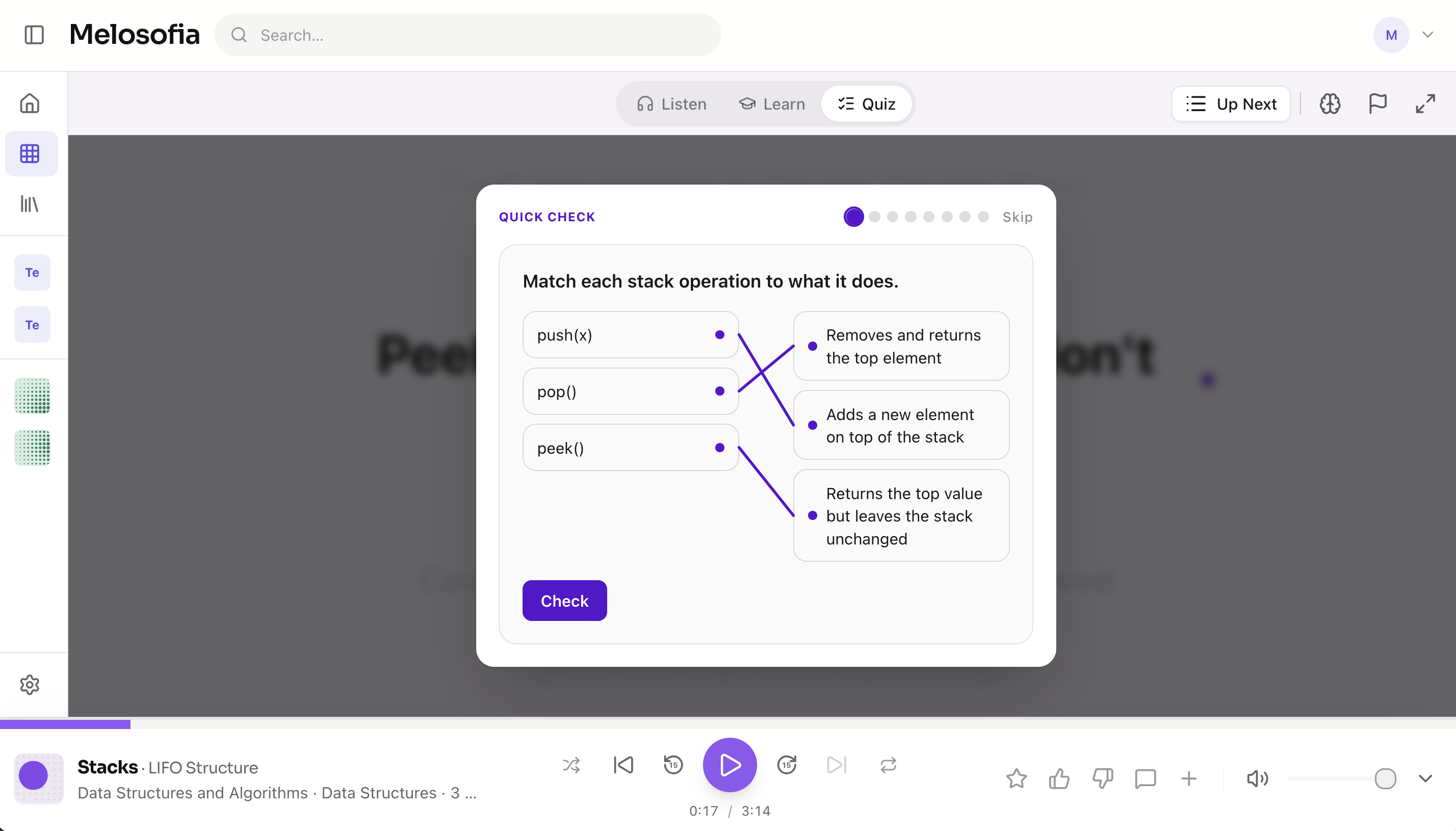 Melosofia in Quiz mode: the song Stacks is paused while a Quick Check asks you to match each stack operation to what it does