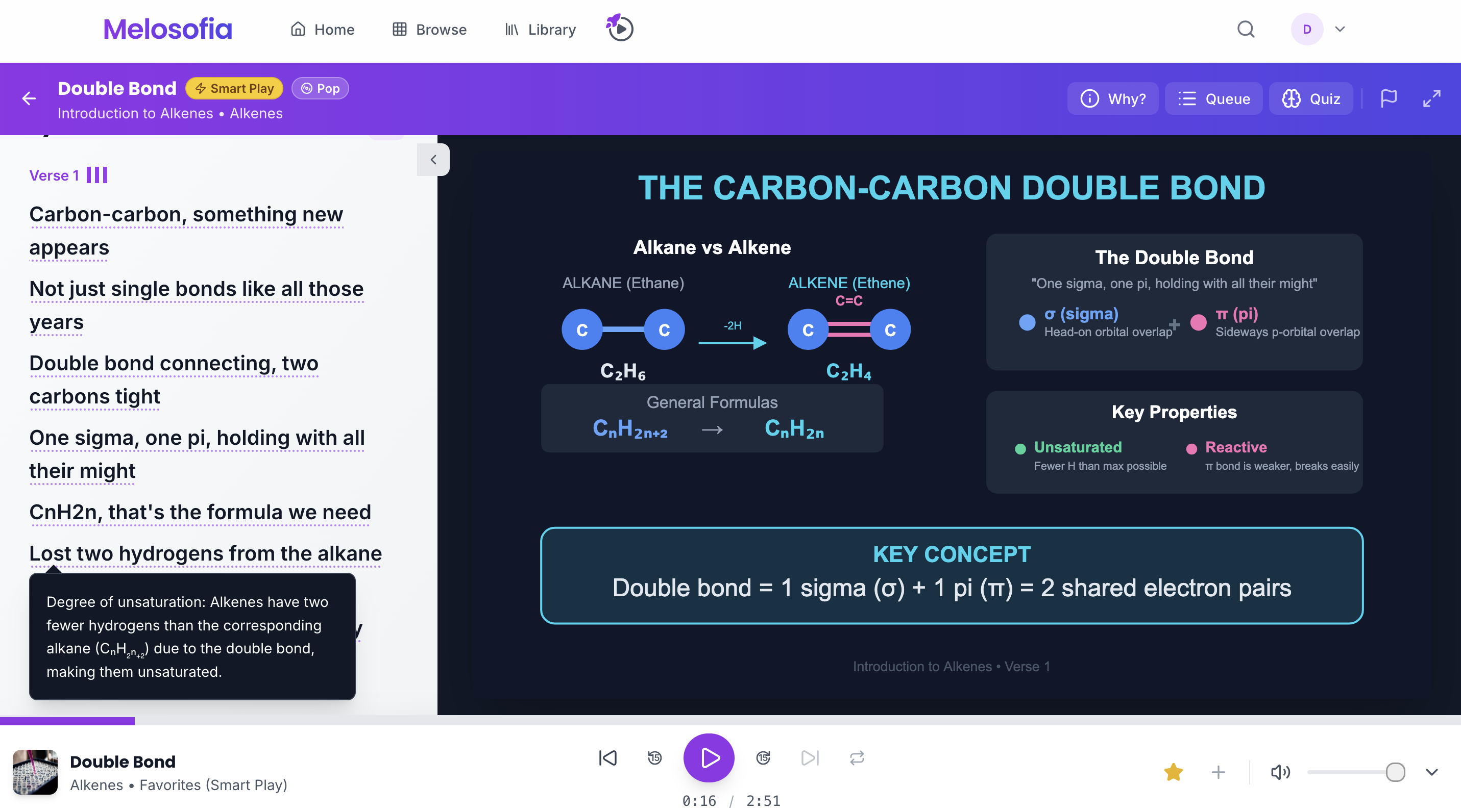 Melosofia app showing synced lyrics, visual annotations, and the music player